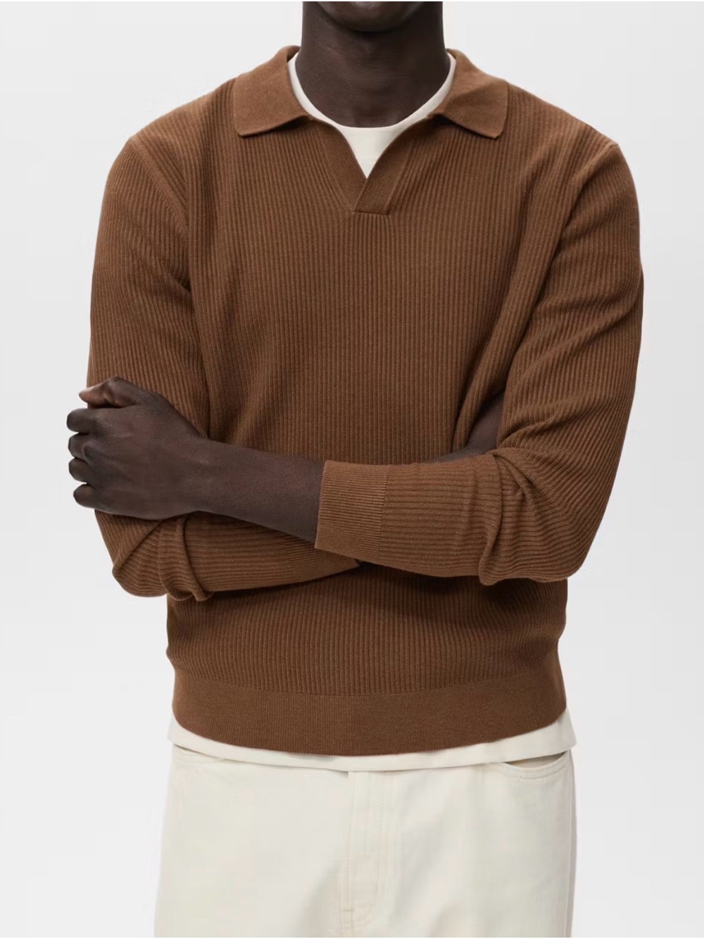 Mango Ribbed Polo-Neck Sweater in Warm Cognac